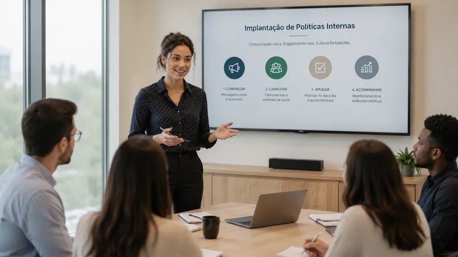 Implementação de políticas internas com equipe reunida