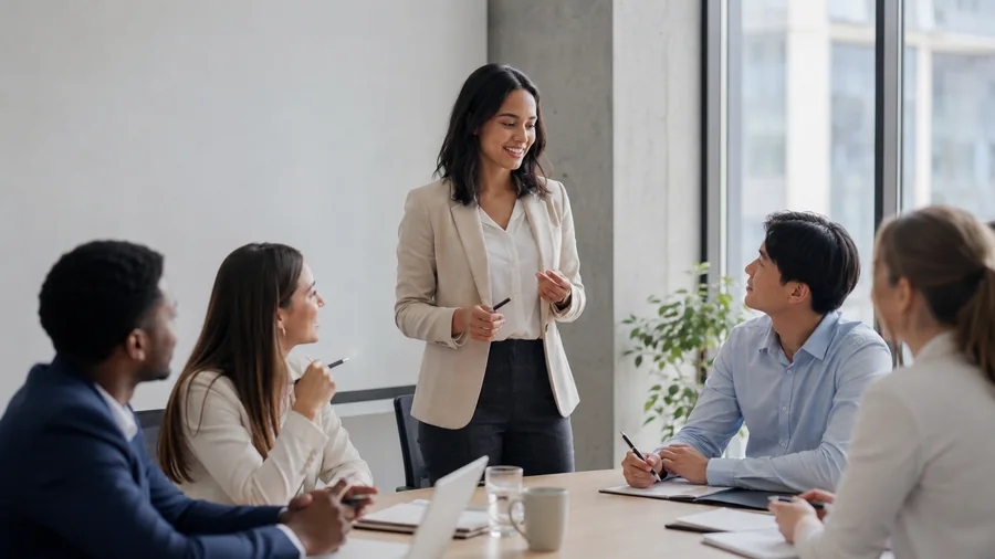 Equipe participando de treinamento corporativo em ambiente moderno