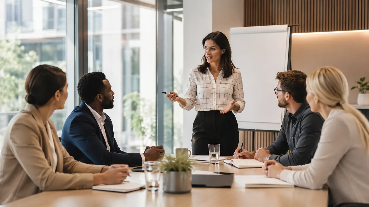 Facilitadora conduzindo treinamento com uma equipe